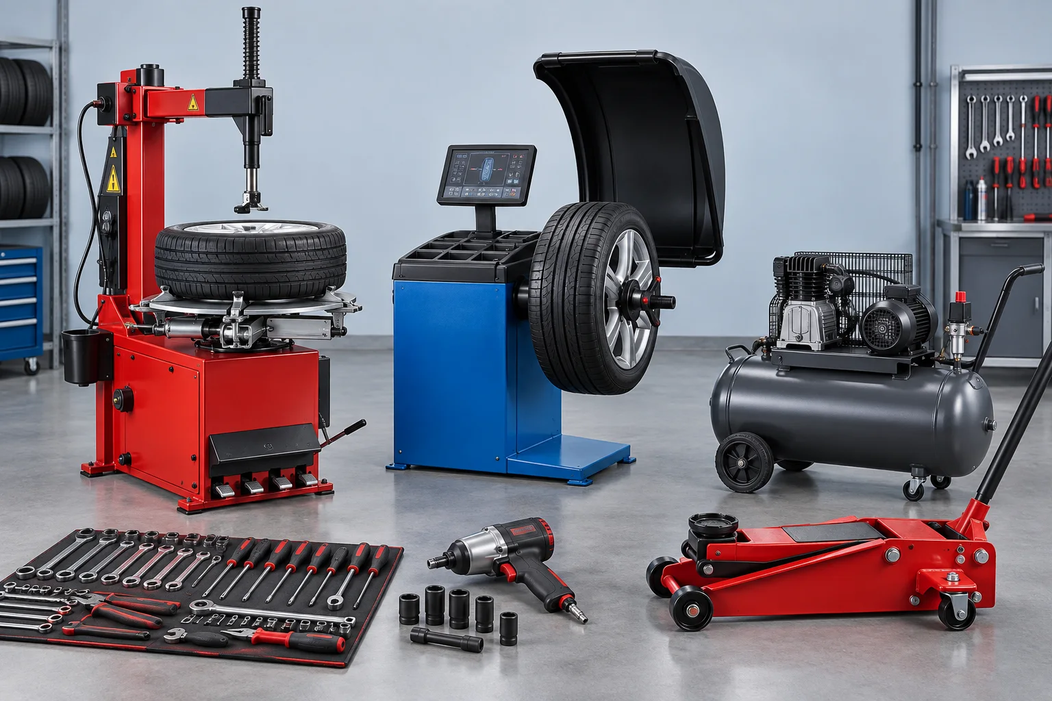 Bộ thiết bị garage gồm máy ra vào lốp, máy cân bằng động, máy nén khí và dụng cụ sửa chữa